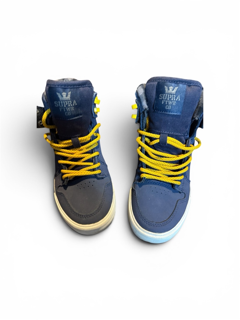 Supra Navy High-Top Sneakers with Yellow Laces youth size 4